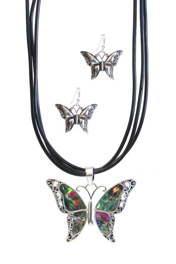 Abalone Pendant And Cord Necklace Set - Butterfly
