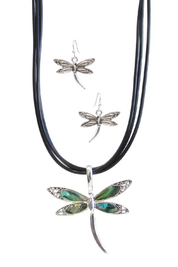 Abalone Pendant And Cord Necklace Set - Dragonfly