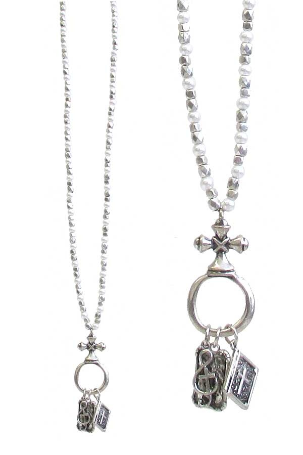 Religious Inspiration Multi Charm Dangle Pendant And Metal Seedbead Necklace - Amazing Grace