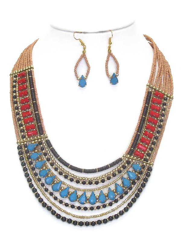 Multi Beaded Strand Fashion Necklace Set