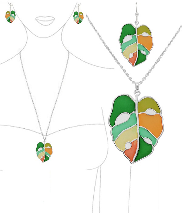Tropical Theme Stained Glass Window Inspired Mosaic Pendant Necklace Set - Monstera Giant Leaf