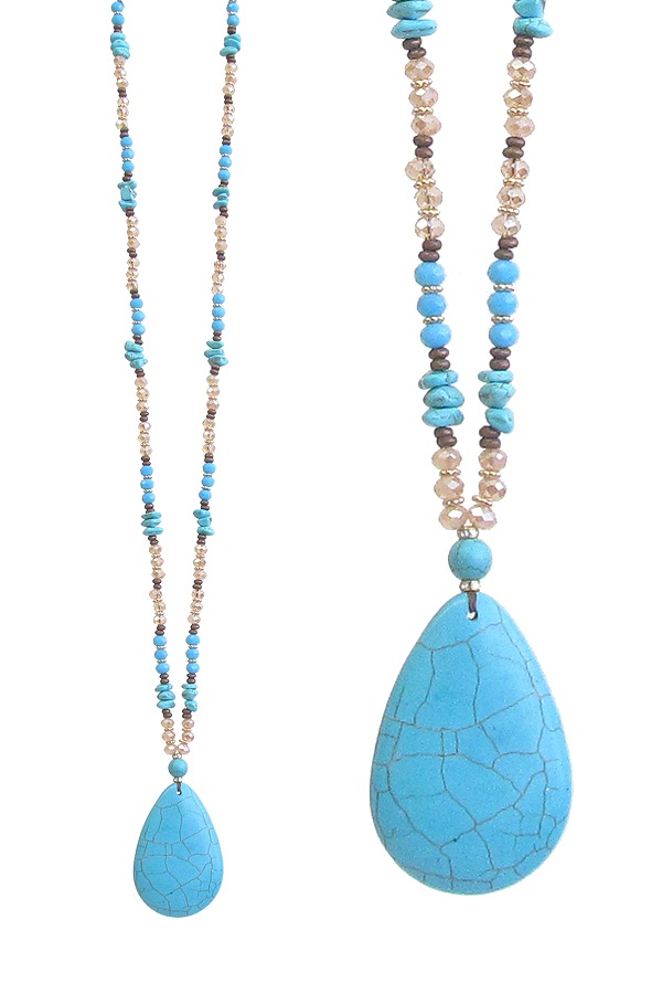 Semi Precious Stone Teardrop Pendant And Multi Stone Bead Long Necklace