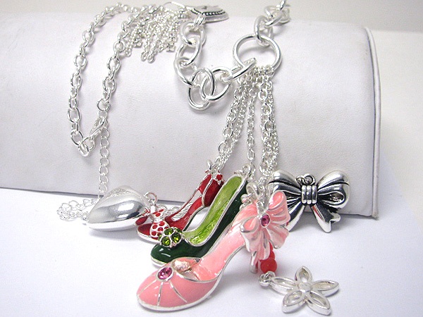 Crystal And Metal Epoxy Multi Shoe Charm Dangle Long Necklace