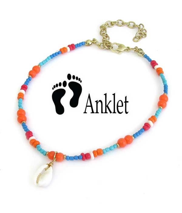 Sealife Theme Multi Seedbead Anklet - Cowry Shell