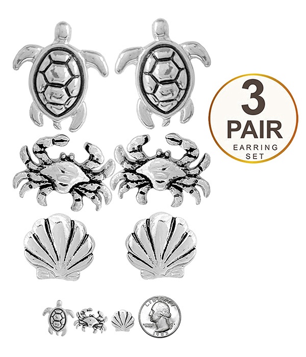Sealife Theme 3 Pair Earring Set - Turtle Crab Shell