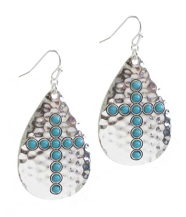 Western Theme Hammered Metal Teardrop Earring - Cross