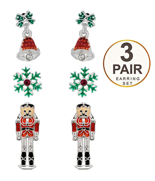 Christmas Theme 3 Pair Earring Set - Nutcracker Soldier