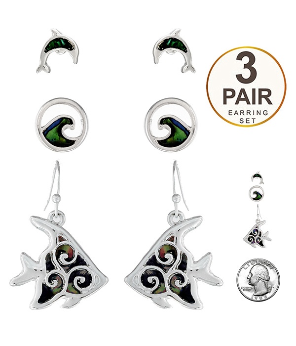 Sealife Theme 3 Pair Earring Set - Dolphin Wave