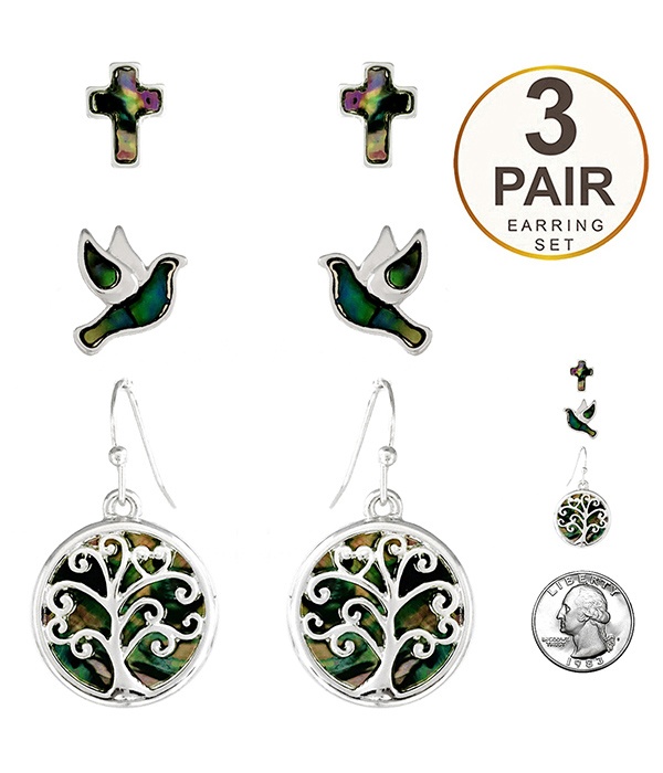 Religious Theme 3 Pair Earring Set - Cross Tree Of Life