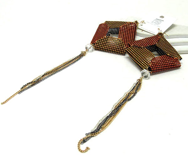 Cut Out Square Folded Colored Metal Mesh Drop One Crystal Glass And Multi Chain Drop Earring