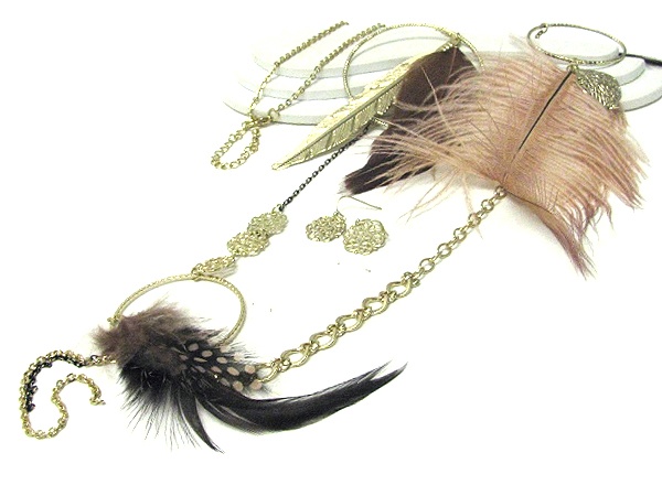 Feather Deco Long Necklace Hoop Earring Set - Hoops