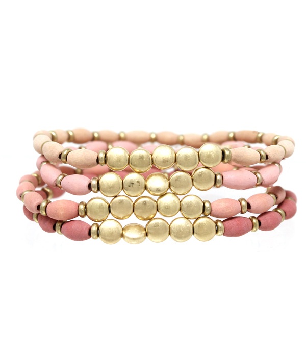 4 Layer Semi Precious Stone And Metal Button Stretch Bracelet