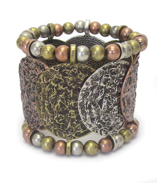 Burnish Metal Disk And Ball Wide Stretch Bracelet