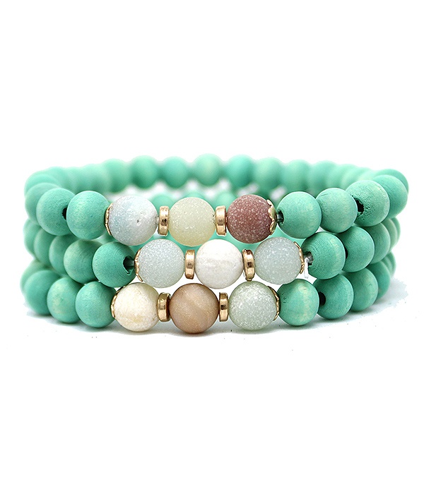 Multil Wood And Stone Bead Mix Stretch Braclet Set