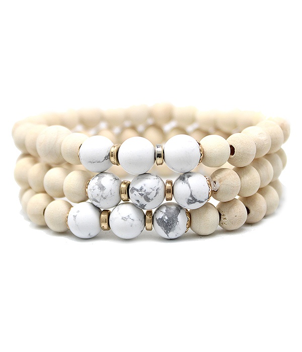 Multil Wood And Stone Bead Mix Stretch Braclet Set