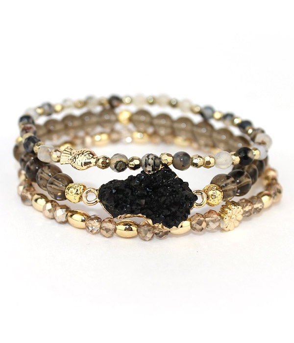 Druzy And Multi Glass Bead Mix 3 Stretch Bracelet Set