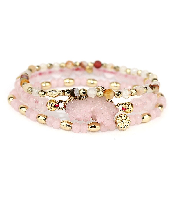 Druzy And Multi Glass Bead Mix 3 Stretch Bracelet Set