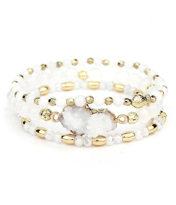 Druzy And Multi Glass Bead Mix 3 Stretch Bracelet Set