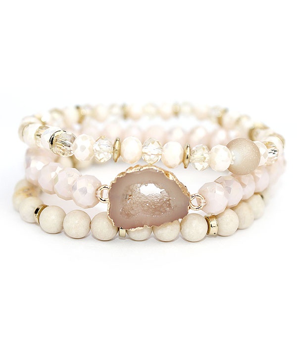 Druzy And Multi Glass Bead Mix 3 Stretch Bracelet Set