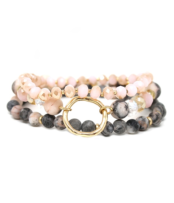Facet And Semi Precious Stone Mix 3 Stretch Bracelet Set