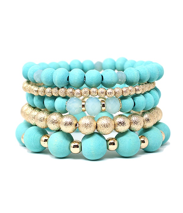 Multi Wood Bead Mix Stackable Stretch Bracelet Set