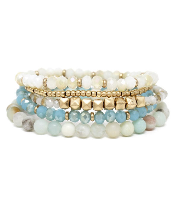 Facet And Semi Precious Stone Mix 5 Stretch Bracelet Set
