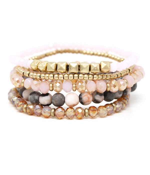 Facet And Semi Precious Stone Mix 5 Stretch Bracelet Set