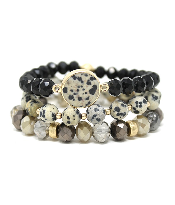 Semi Precious And Facet Stone Mix Triple Stretch Bracelet Set
