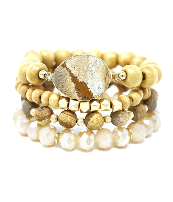 Semi Precious Stone And Multi Material Bead Mix 4 Stretch Bracelet Set