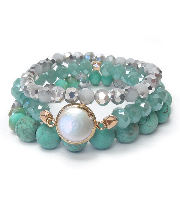 Semi Precious Stone Triple Stretch Bracelet - Turquoise