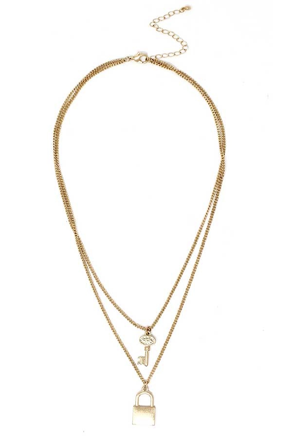 Lock And Key Pendant Double Layer Chain Necklace
