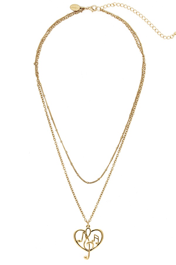 Music Note And Heart Pendant Double Chain Necklace