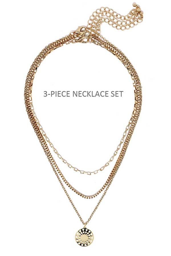 Sun Pendant And Triple Chain Necklace Set
