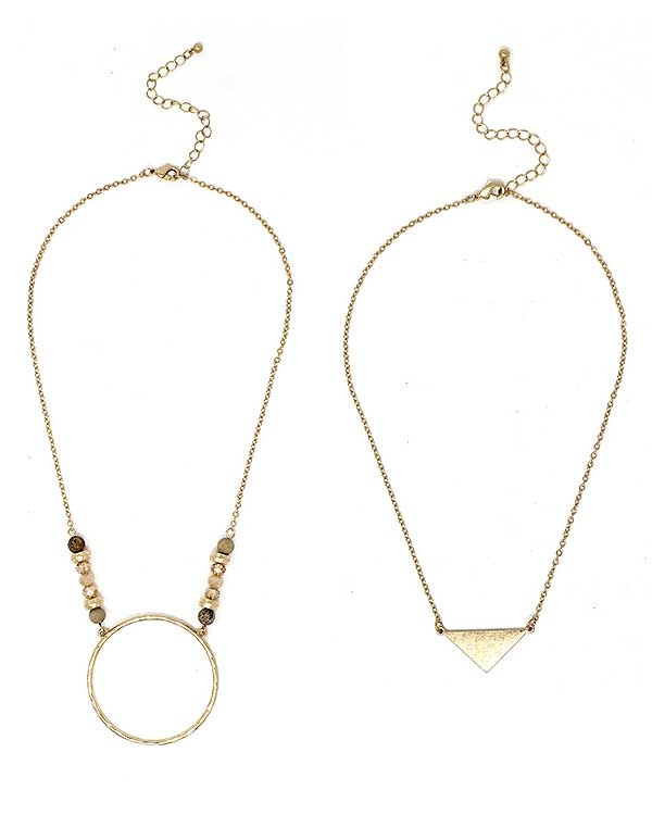 Metal Ring And Chevron Pendant Double Necklace Set