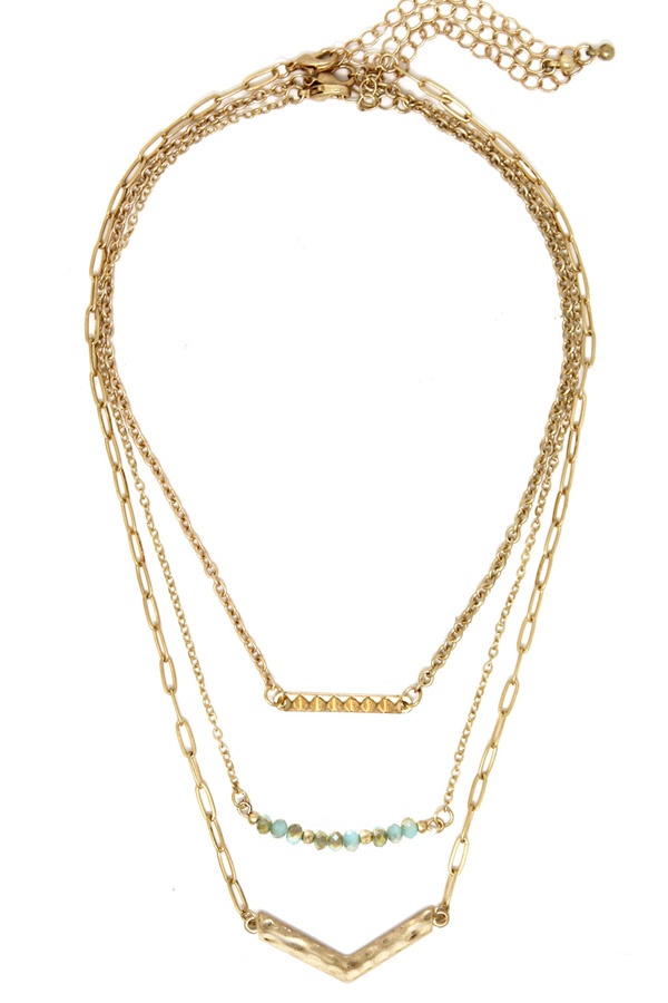 Semi Precious Stone And Triple Chain Necklace (3 Pc)