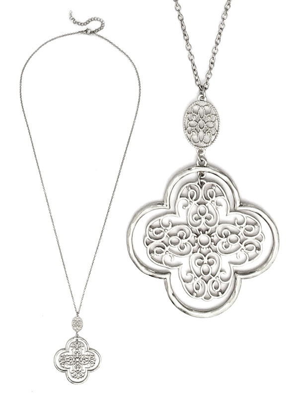 Metal Filigree Quatrefoil Pendant Long Necklace