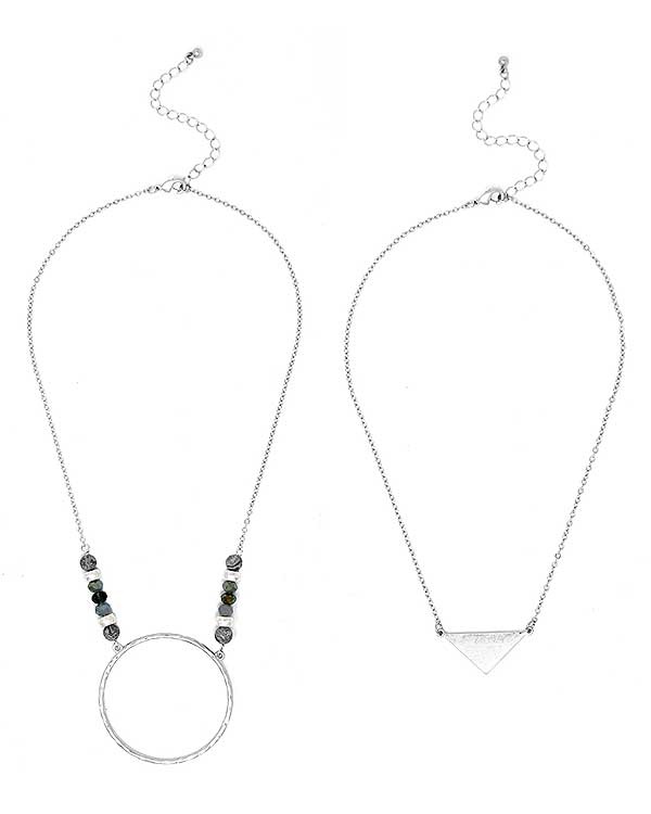 Metal Ring And Chevron Pendant Double Necklace Set