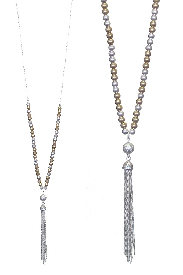 Multi Ball Bead And Fine Chain Tassel Drop Long Necklace