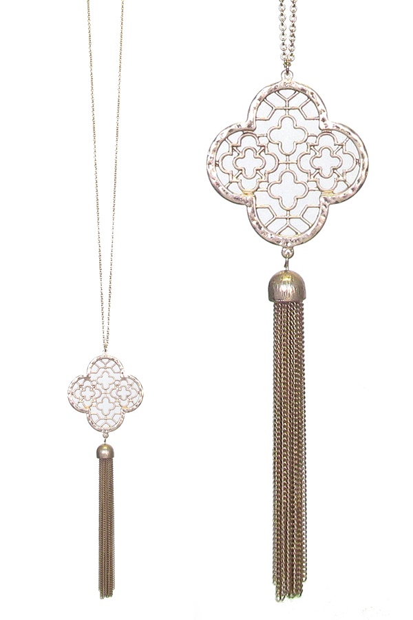 Metal Filigree Quatrefoil Pendant And Chain Tassel Drop Long Necklace