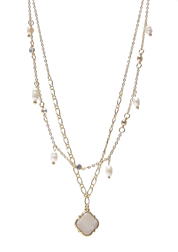 Marble Resin Pendant And Freshwater Pearl Double Layer Necklace