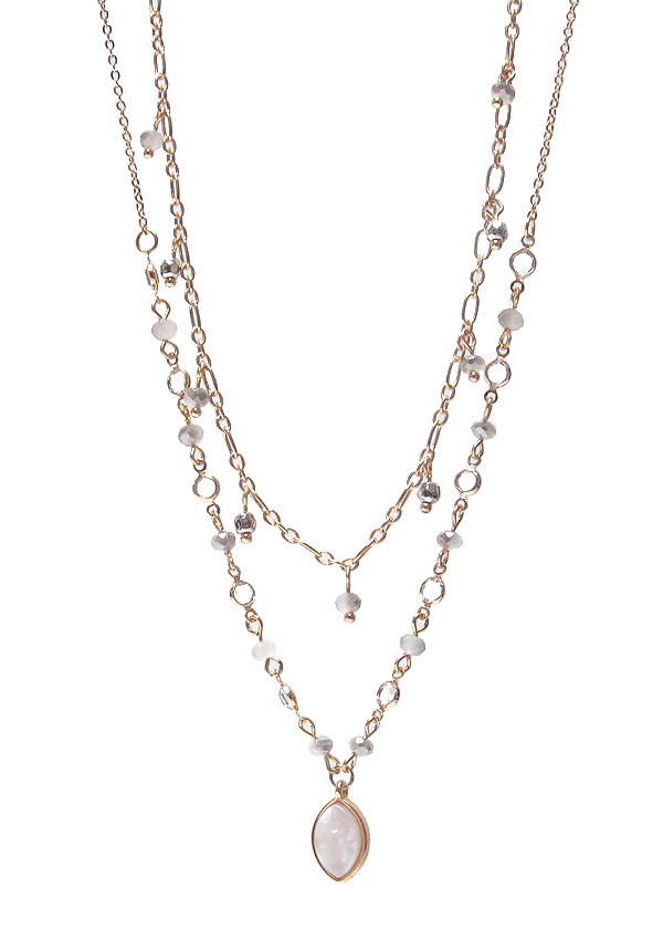 Facet Stone Pendant And Bead Chain Double Layer Necklace