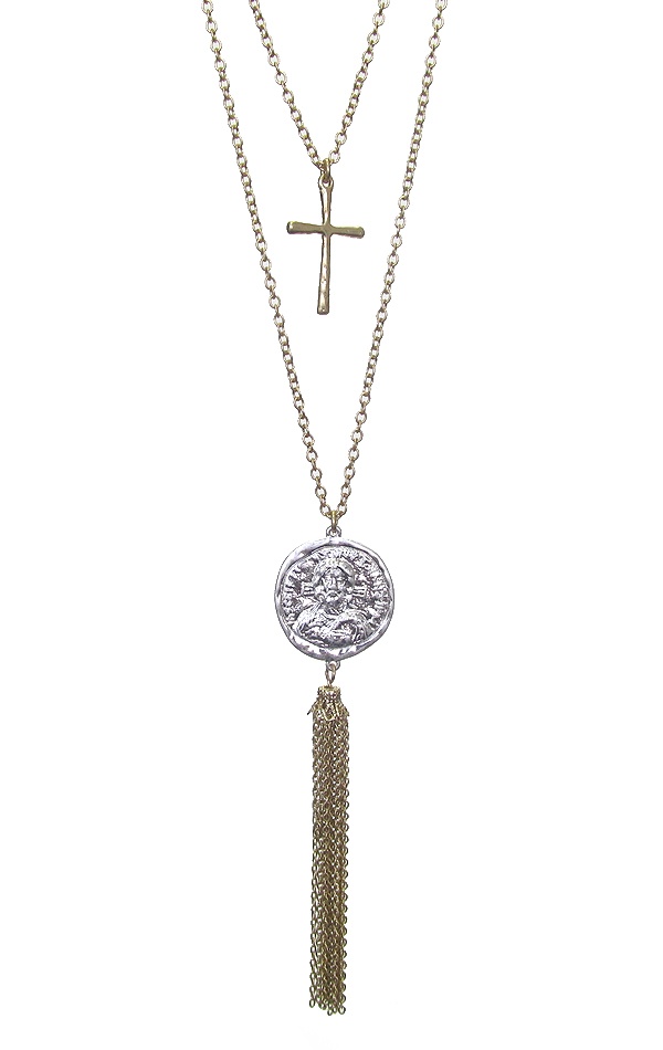 Fine Chain Tassel Drop Coin Pendant Double Layer Long Necklace