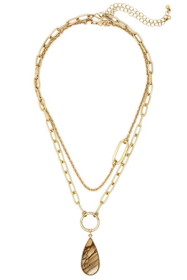 Semi Precious Teardrop Stone And Double Chain Necklace(2 Pc)