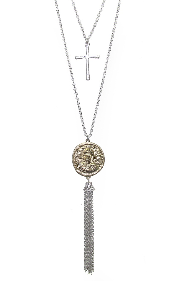 Fine Chain Tassel Drop Coin Pendant Double Layer Long Necklace