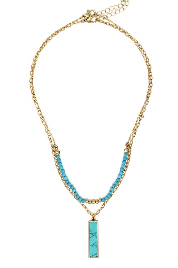 Semi Precious Stone Bar Pendant Double Chain Necklace (2Pc)