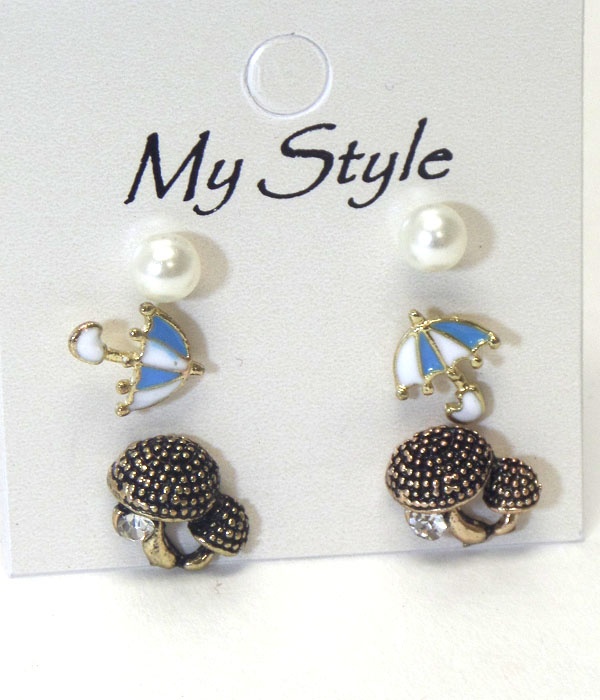 Crystal Mushroom And Umbrella 3 Pair Earring Set