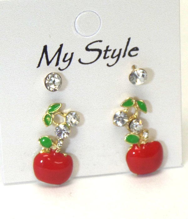 Crystal Cherry And Apple 3 Pair Earring Set
