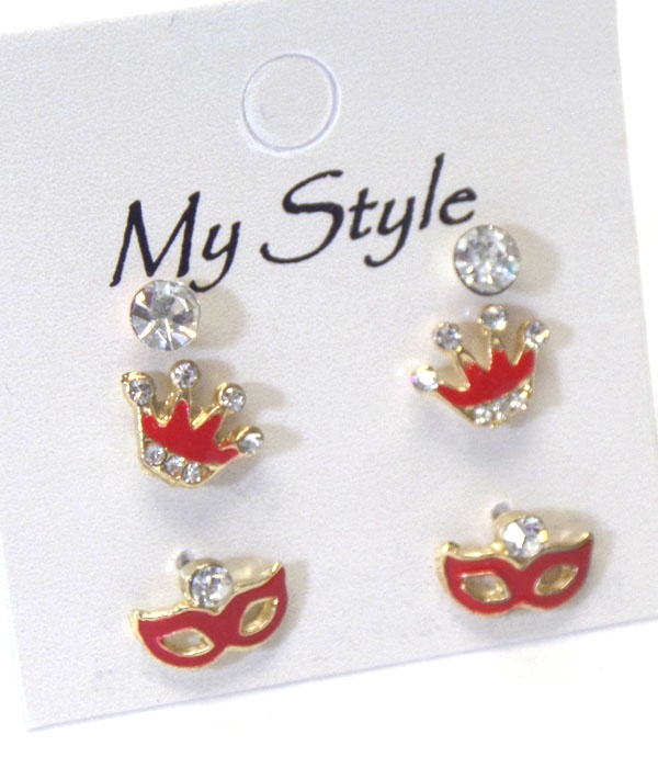 Crystal Crown And Mask 3 Pair Earring Set