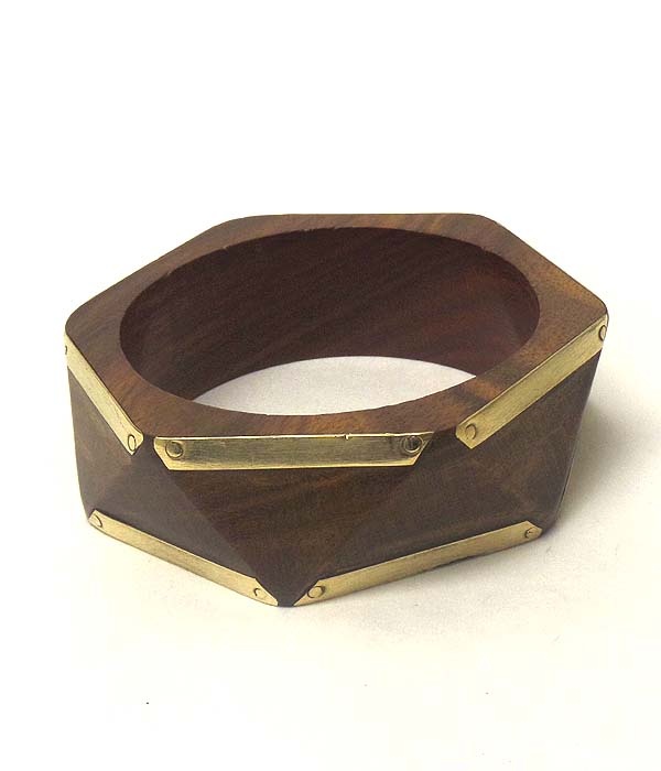 Metal Plate Edge Wooden Bangle Bracelet