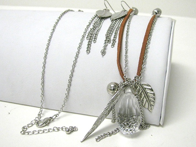 Large Glass Tear Drop And Metal Feather Charm Dangle Long Chain Necklace Earring Set